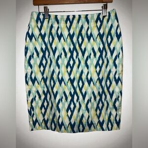 Ann Taylor Teal, Aqua,‎ White and Yellow Patterned Pencil Skirt size 4